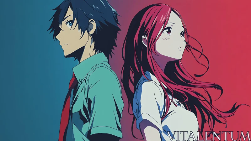 Back-to-back anime duo bathed in split twilight colors.
