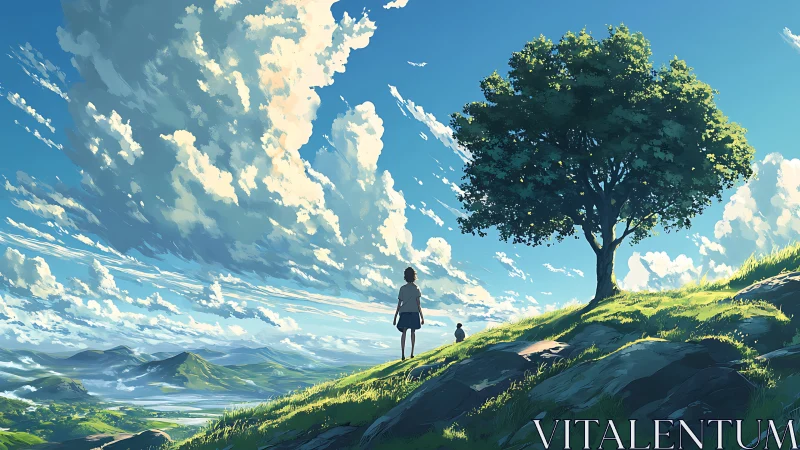 Expansive hillside sky scene with lone tree and two figures.