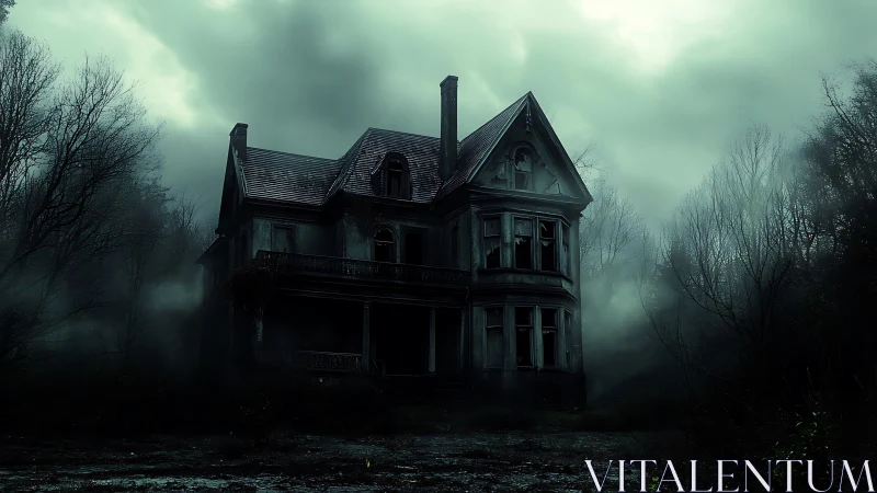 Derelict Victorian mansion in dense ground fog under storm clouds