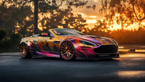 Widebody iridescent roadster with sunset backlit reflections