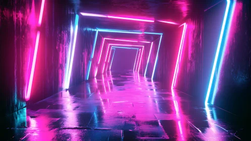 Neon lit asymmetrical tunnel with reflective wet floor surfaces