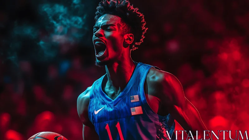 Basketball player in blue jersey shouting under red lights.