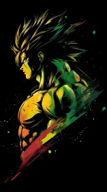 Muscular anime warrior glows with neon streaked power