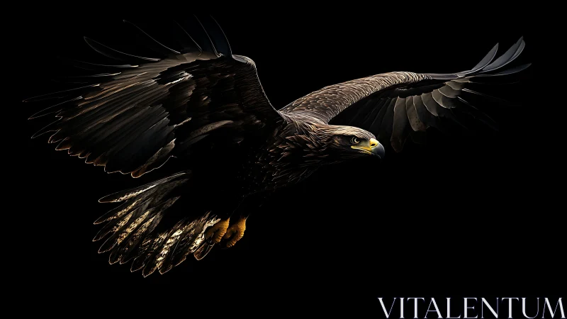 Majestic eagle in flight, digital art style on black background.