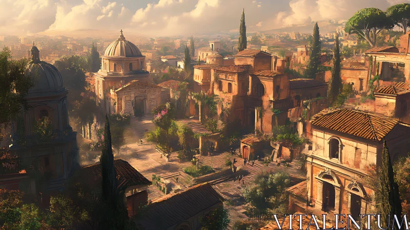 Sunlit neoclassical hill cityscape with volumetric haze rendering.