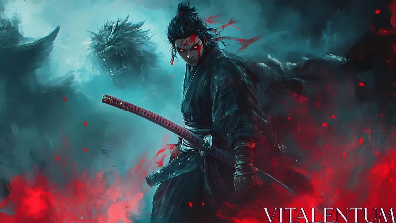 Cursed samurai warrior amid spectral dragon firestorm.