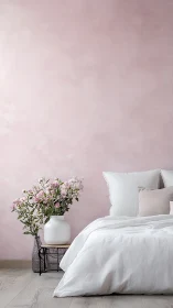 Soft pink bedroom wall frames minimal white bed scene