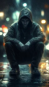 Hooded night wanderer resting quietly in the rainy city.