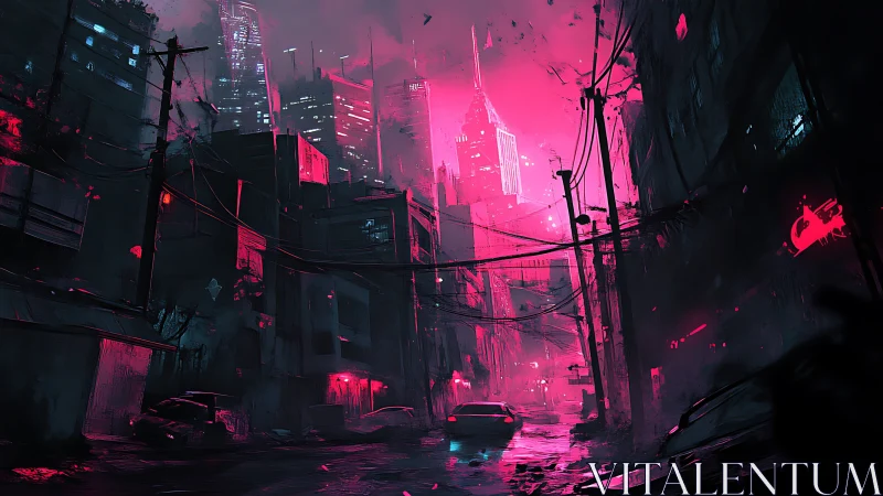 Neon-soaked cyberpunk alley funnels toward glowing spire