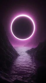 Luminous circular eclipse over narrow rocky inlet at dusk.
