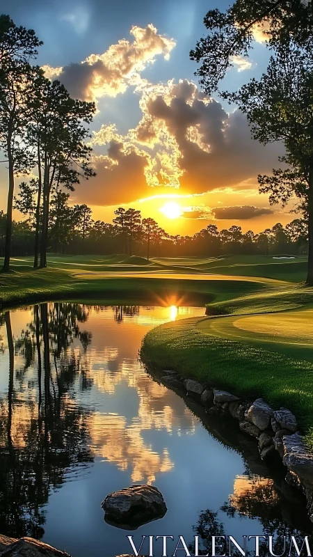 Sunset reflects across golf course waterway with trees