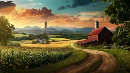 Rural farm landscape with barn, fields, and distant hills.