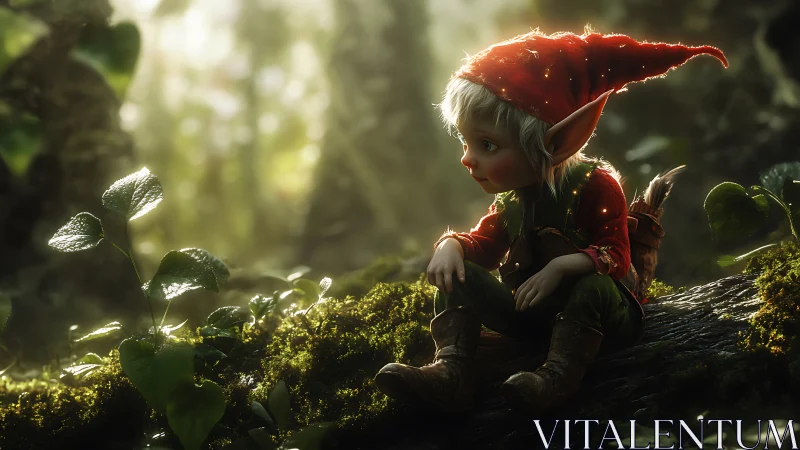 Curious forest elf rests on mossy log in golden light.