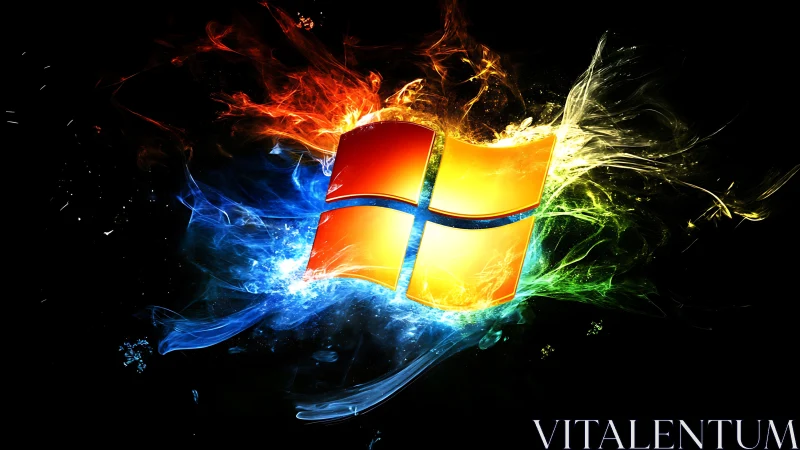 Flaming neon window emblem ignites in swirling digital storm.