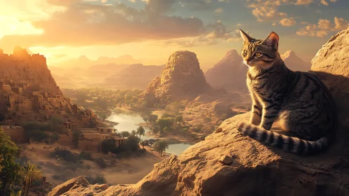 Desert valley glows as a calm tabby cat watches the sunrise