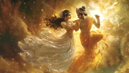 Divine couple dancing in glowing celestial clouds.