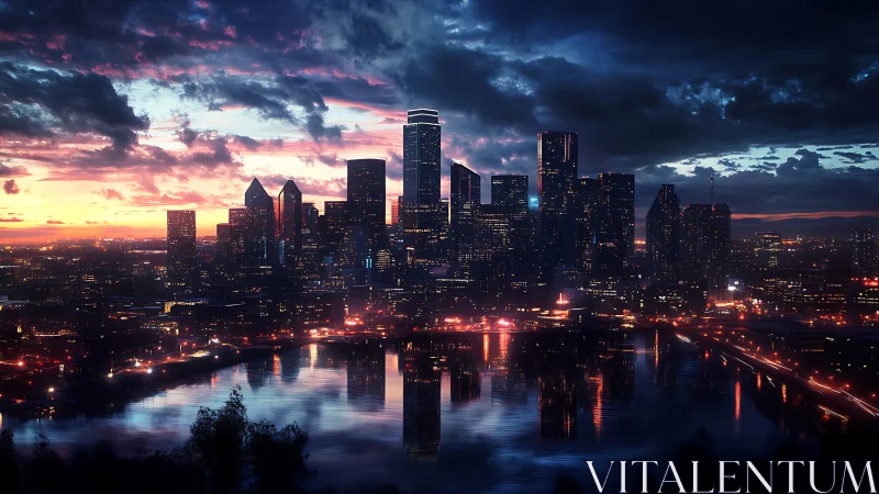 Dramatic modern city skyline at dusk above river lights.