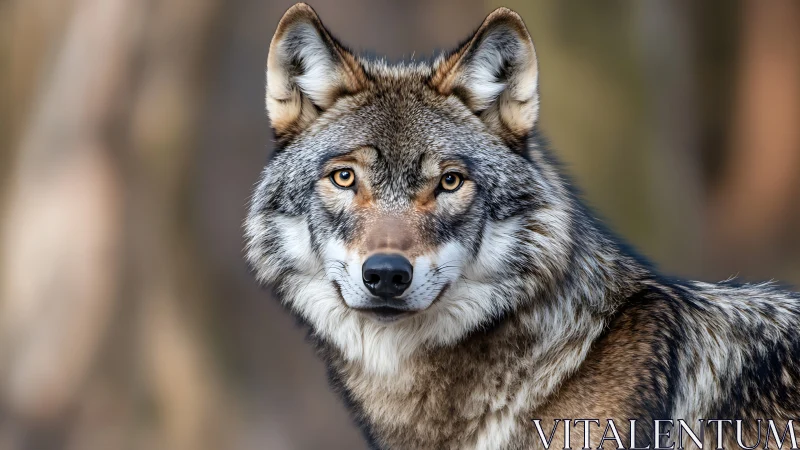 Calm forest wolf gazes softly with bright, attentive eyes