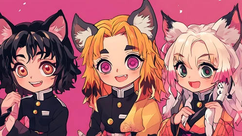 Playful fox-eared friends sharing bright anime smiles.