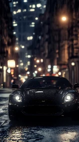Black sports car stands in wet night city street rain