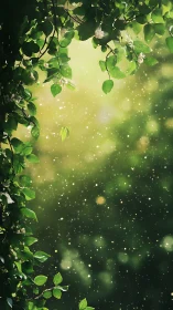 Luminous Foliage Dance: Where Green Whispers Meet Golden Bokeh.