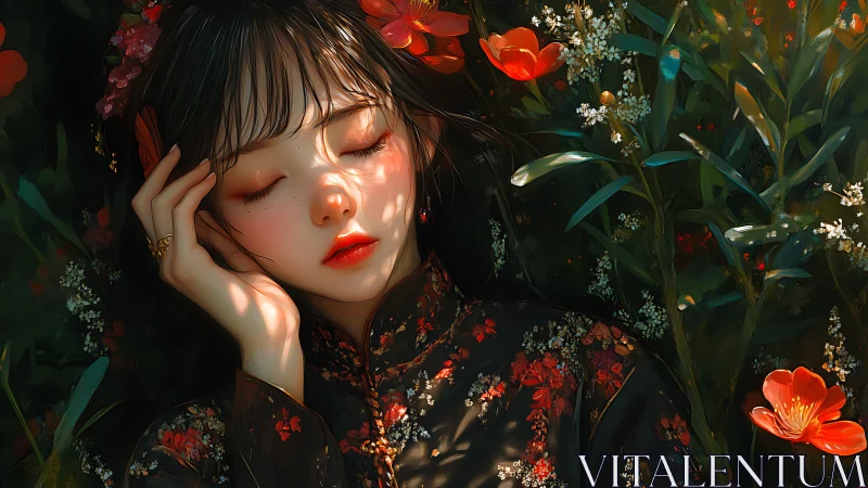 Dreaming girl in crimson blossoms and dappled twilight hush.