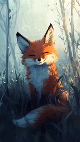 Smiling fox rests calmly in soft sunlit forest clearing
