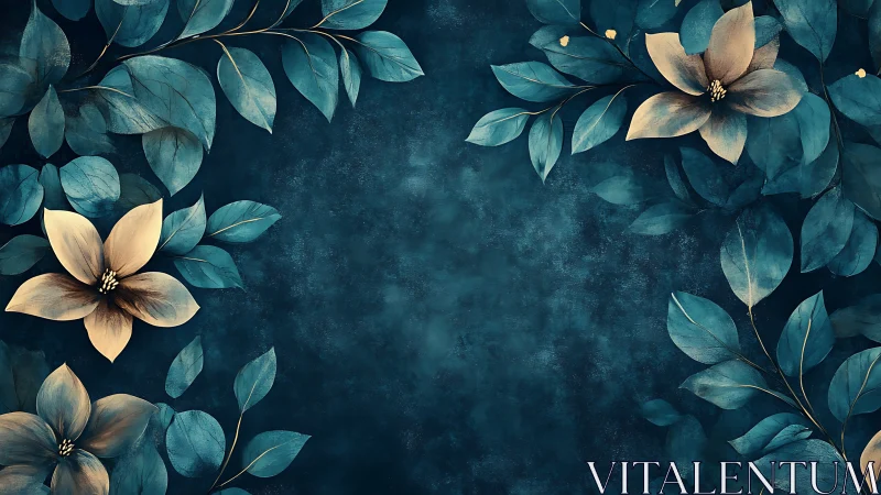 Teal Floral Composition with Golden Blooms on Dark Background.