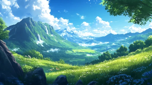 Sunlit mountain valley landscape shows waterfalls and meadows