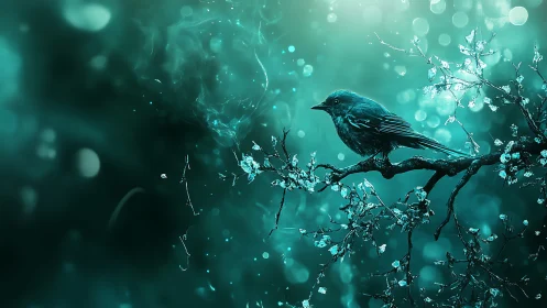 Frost-Encrusted Songbird Perched on Crystalline Ice-Laden Branch.