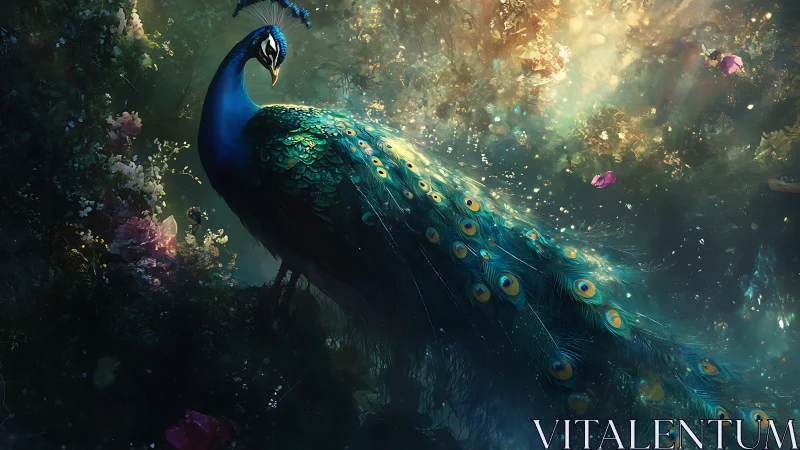 Moonlit peacock stitches galaxies into its jeweled tail