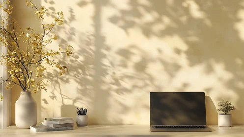Sunlit minimalist desk with laptop and delicate branches.