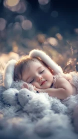 Sweet baby dreamer cuddling softly in bunny-eared bliss.