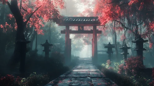 Torii gate stands in misty crimson forest sanctuary at dawn.