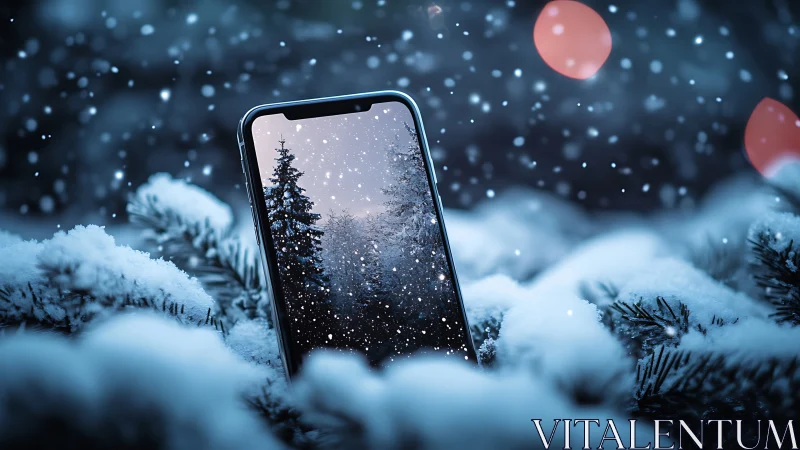 Smartphone embedded in snowy fir branches under bokeh snowfall