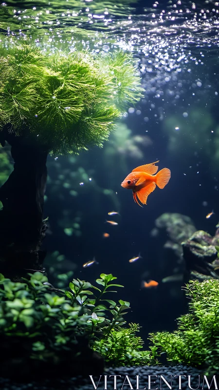 Orange betta fish swimming in lush planted aquarium.