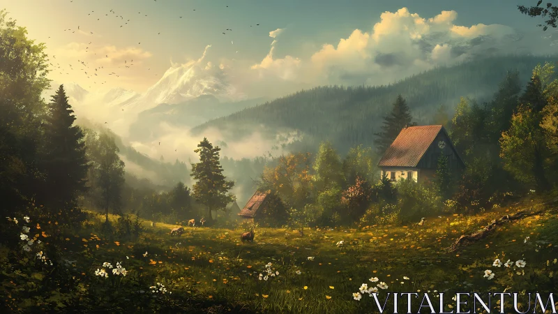 Sunlit mountain meadow with cottage and grazing deer.