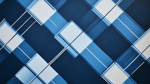 Geometric blue grid forms intersect in layered diagonal bands
