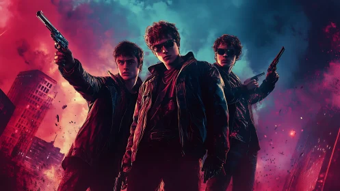 Neon-lit trio with guns in cinematic cyberpunk skyline framing.