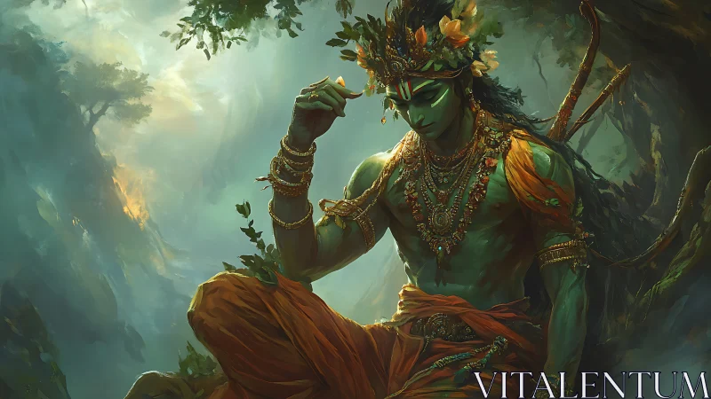 Forest-crowned deity in emerald light and marigold drapery.