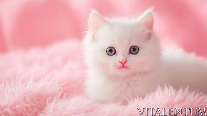 Pristine White Kitten Gazes Amid Soft Pink Cloud Textures