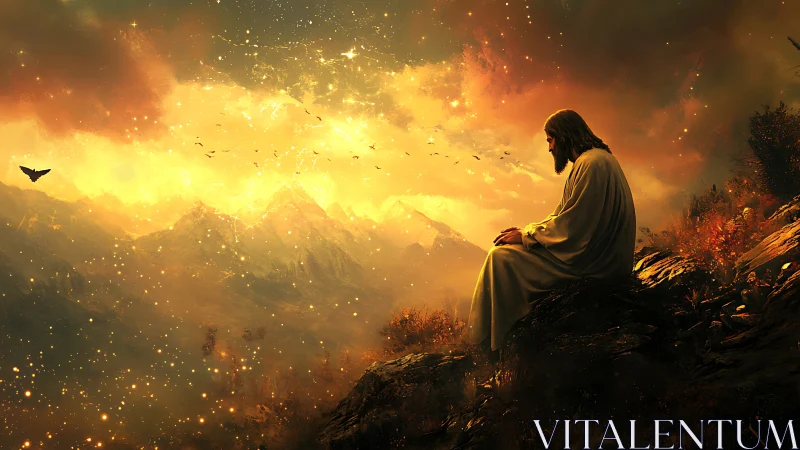 Quiet robed figure resting beneath a glowing golden sky.