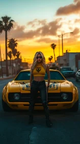 Sunset street power with yellow muscle car and stance.
