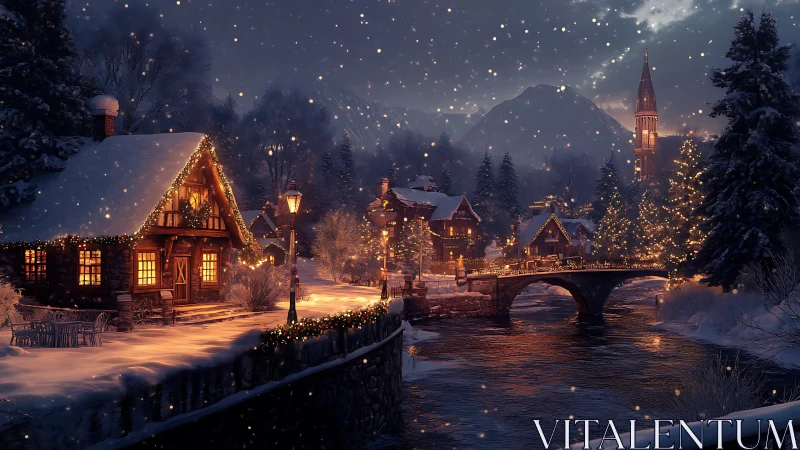 Snowy village lights glow warmly beside a peaceful winter river