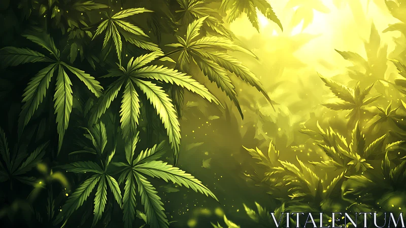 Sunlit emerald leaves drifting through a golden haze.