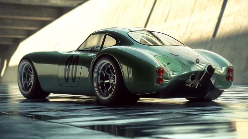 Streamlined vintage racer rendered in sculpted green light.