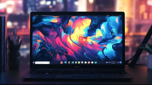 Laptop display with neon fluid abstract desktop environment.