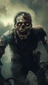 Decayed zombie figure with glowing eyes in dark foggy scene.