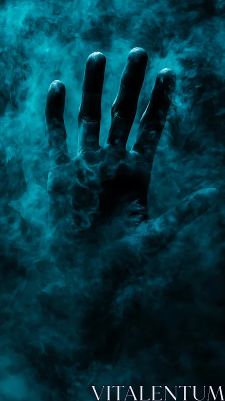 Backlit human hand emerging through cyan volumetric fog field.