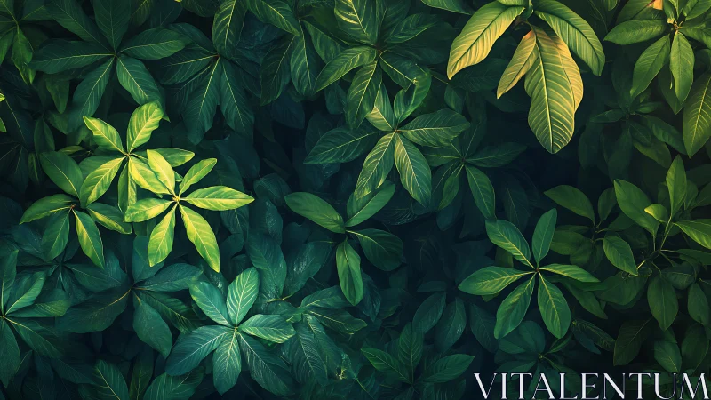 Sunlit jungle foliage forms dense overlapping leaf canopy